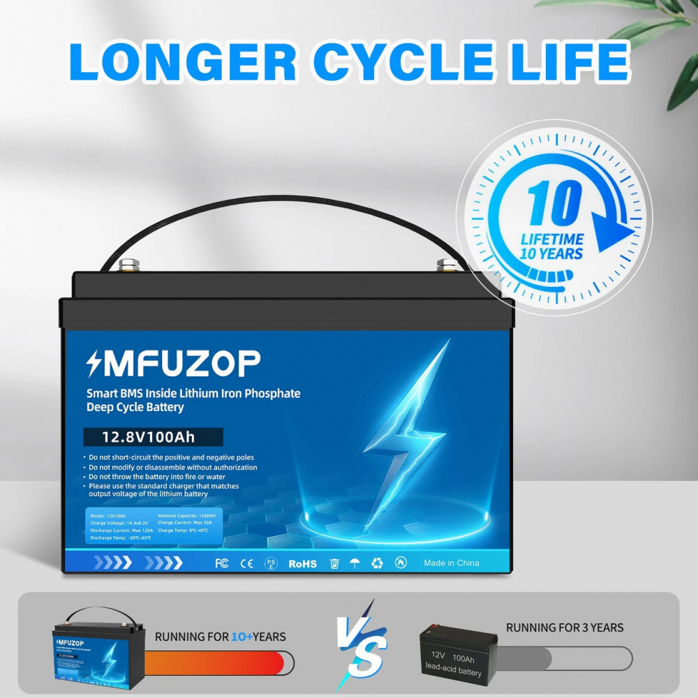 LiFePO4 12V 100Ah Акумулятор MFUZOP 1280Wh, 100A, BMS - Зображення 6