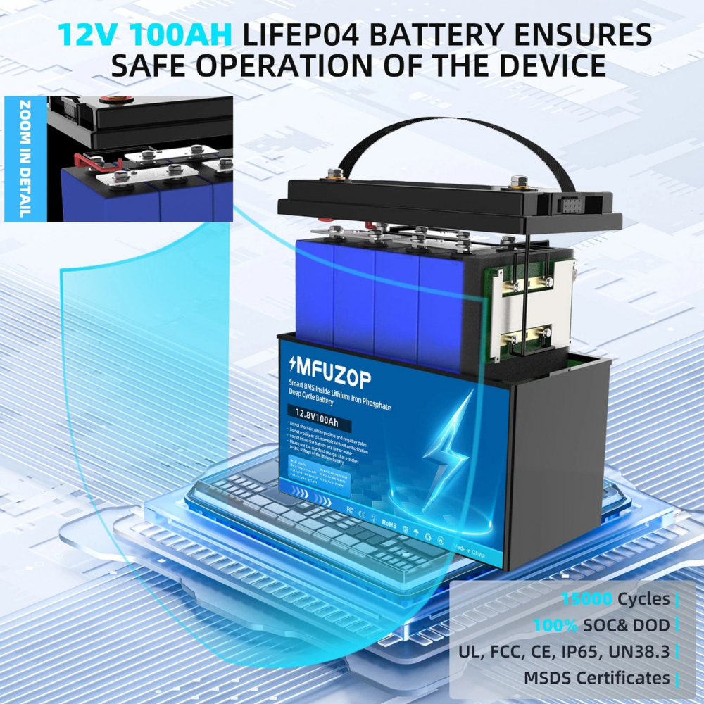 LiFePO4 12V 100Ah Акумулятор MFUZOP 1280Wh, 100A, BMS - Зображення 3