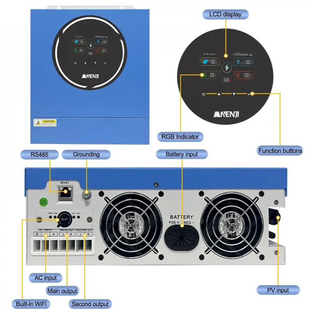 5 кВт + 2,56 кВт Комплект інвертор Anenji з WiFi-модулем + акумулятор Datouboss LiFePO4 48V 50Ah, резервне безперебійне живлення - Зображення 4