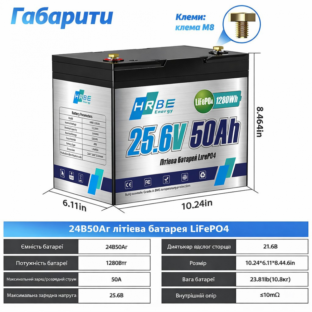 LiFePO4 24V 50Ah акумулятор HRBEnergy до 10 000 циклів, для резервного живлення та сонячних систем - Зображення 7