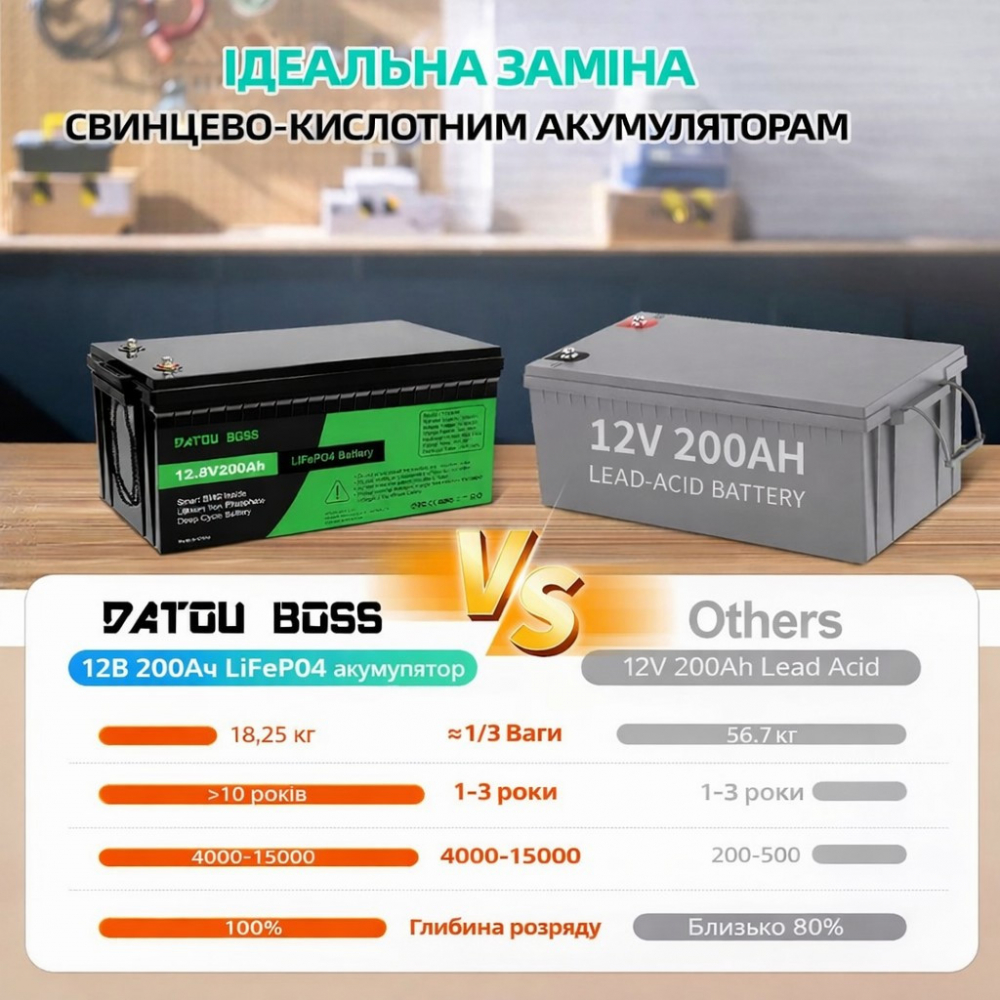 LiFePO4 12V 200Ah акумулятор Datouboss літій-залізо-фосфатний для систем безперебійного живлення будинку - Зображення 5